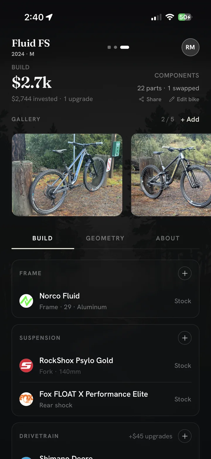 A build sheet in Quiver: gallery photos, frame, suspension and drivetrain with per-part stock-vs-upgrade tracking