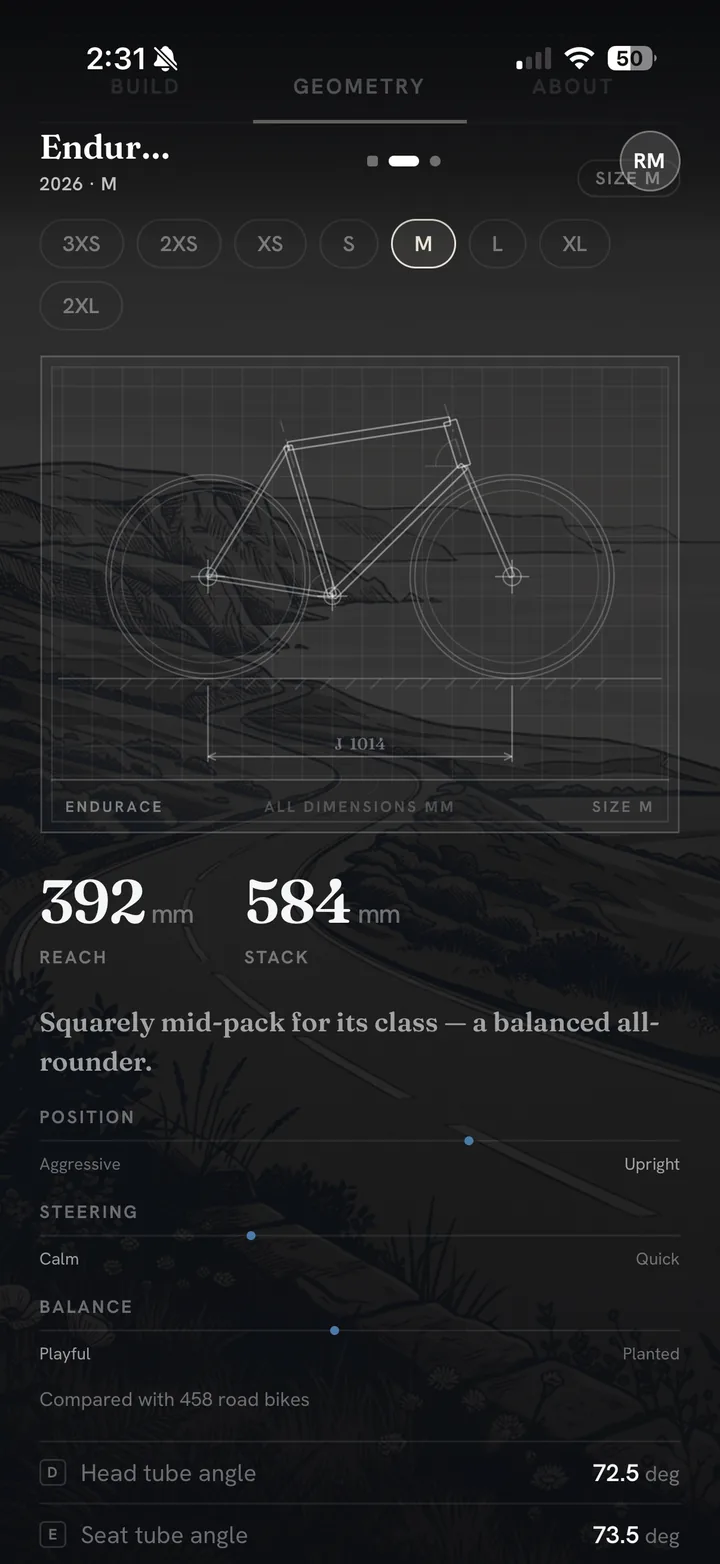 Quiver's geometry tab: a blueprint drawing of the frame with reach, stack and angles for the rider's size