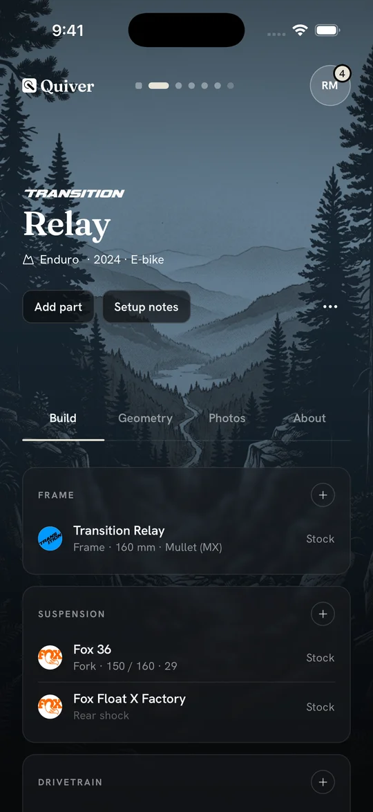 A Transition Relay build sheet: frame, fork, shock and drivetrain