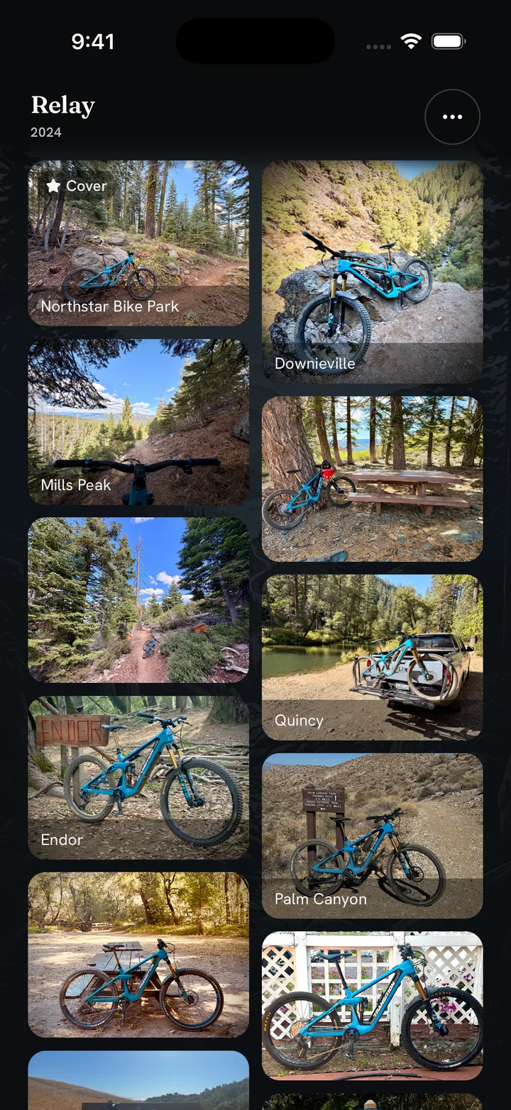 Relay photo collection with trail captions and the blue bike in different riding locations