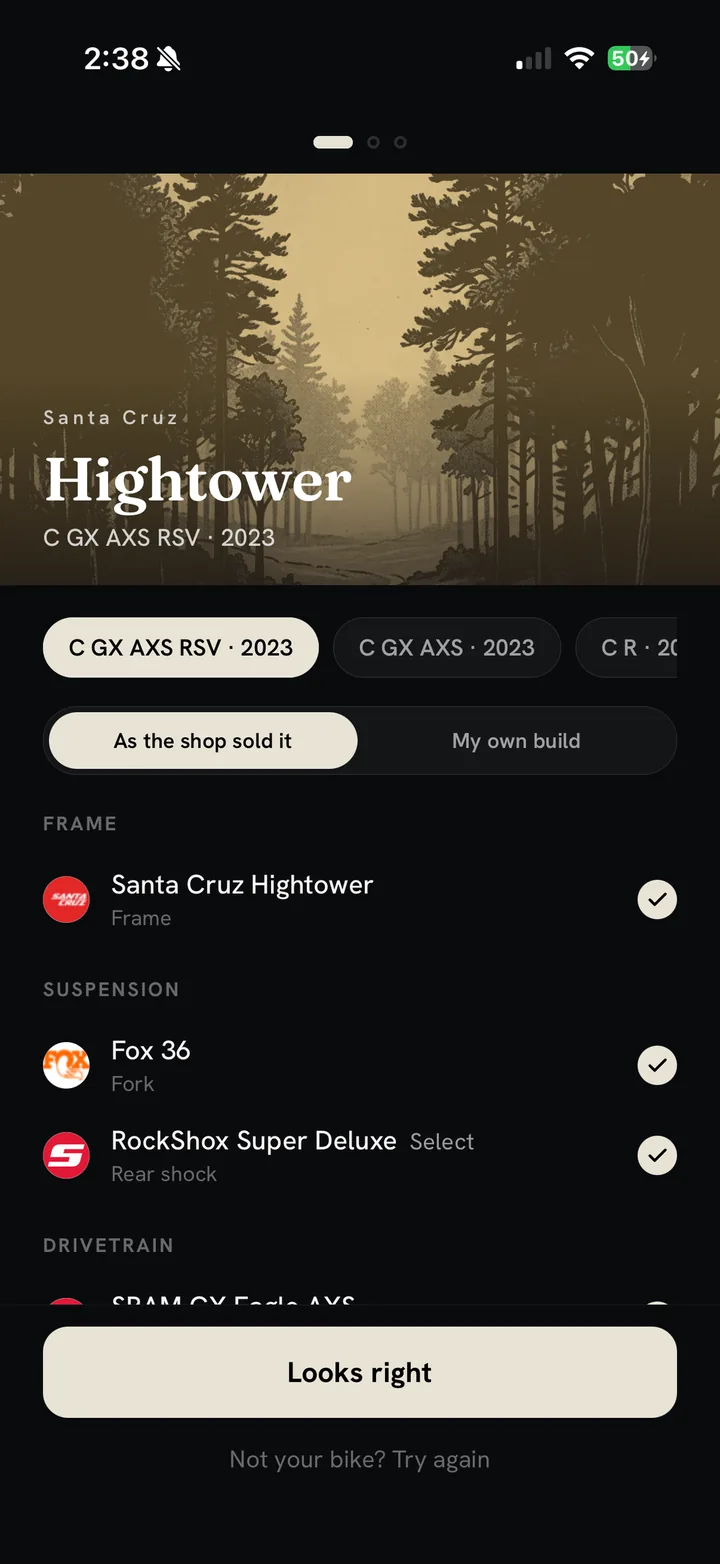 Quiver revealing the Hightower's factory build — frame, Fox 36 fork, RockShox shock and drivetrain filling in automatically